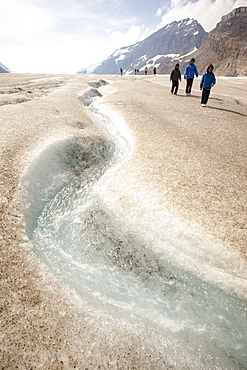 Meltwater channels and tourists on the Athabasca Glacier, Jasper National Park, UNESCO World Heritage Site,  Alberta, Canadian Rockies, Canada, North America