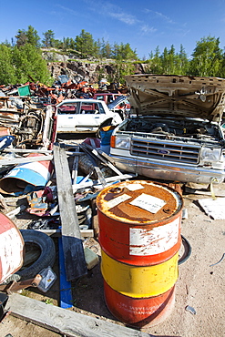 A scrap metal dump in Fort Chipewyan, Alberta, Canada, North America