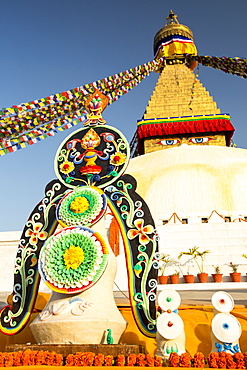 Buddhist symbols at the Boudhanath Stupa, one of the holiest Buddhist sites in Kathmandu, UNESCO World Heritage Site, Nepal, Asia