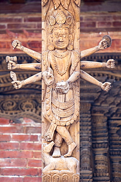 Ancient ornately carved wood on an old building in Kathmandu's Durbar Square, UNESCO World Heritage Site, Kathmandu. Nepal, Asia