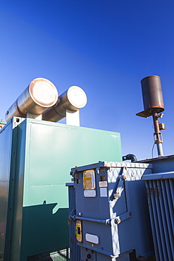 Methane biogas generator producing green electricity, from biogas extracted from an old landfill site on Walney Island, Cumbria, England, United Kingdom, Europe