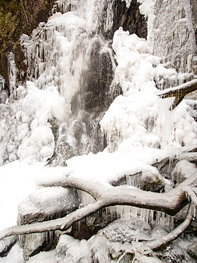 Ice formations on Taylor Gill Force waterfall, above Seathwaite in Borrowdale, Lake District National Park, Cumbria, England, United Kingdom, Europe