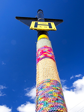 Yarn bombing (gorilla knitting) in Bishops Castle, Shropshire, England, United Kingdom, Europe