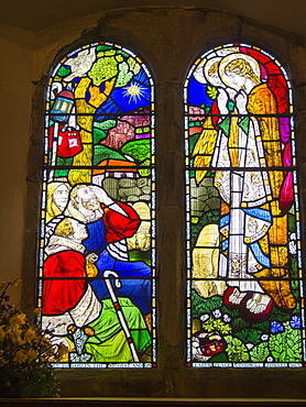 A stained glass window in Stokesay church next to Stokesay Castle, Shropshire, England, United Kingdom, Europe