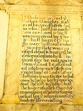 Ancient tablets in Stokesay church next to Stokesay Castle, Shropshire, England, United Kingdom, Europe