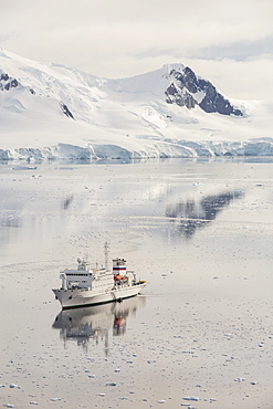 The Akademik Sergey Vavilov, an ice strengthened ship on an expedition cruise to Antarctica, in Paradise Bay in the Antarctic Peninsular, which is one of the fastest warming places on the planet.