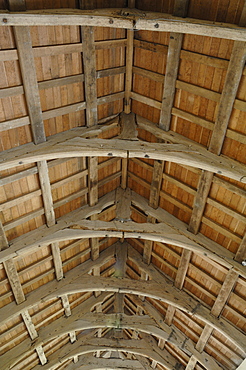 Detail of wooden church roof, Eglwys y Grog Church of the Holy Cross, Mwnt, Ceredigion, Wales, UK, Europe