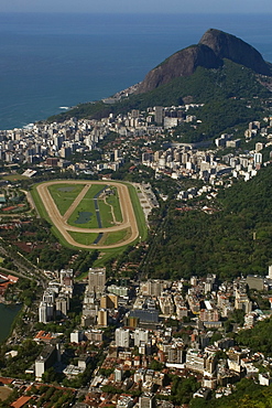 Aerial view of Jockey Club, Gavea neighborhood and Dois Irmaos Hill, Rio de Janeiro, Brazil, South America