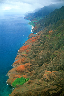 Aerial view of cliffs and hidden beaches on the Napali coast, Kauai, Hawaii, United States of America, Pacific