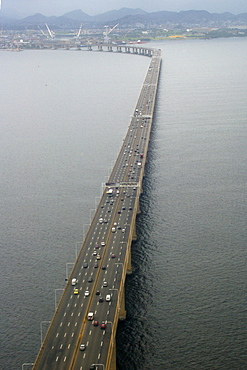 Aerial view of the bridge connecting Rio de Janeiro and its neighbour city Niteroi, southeast Brazil, South America