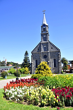 Matriz de So Pedro church and flower garden, Brazil, South America