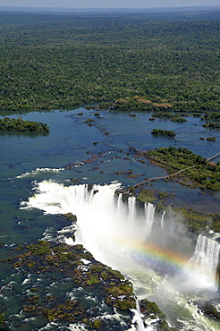 Aerial view of Iguassu Falls, UNESCO World Heritage Site, and rainbow, Iguassu River, border between Brazil and Argentina, South America