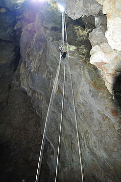 People rappeling up the Anhumas Abyss, Bonito, Mato Grosso do Sul, Brazil, South America