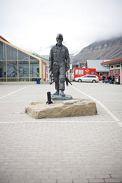 Miner statue, town land mark. Longyearbyen,  City Center, Svalbard, Norway