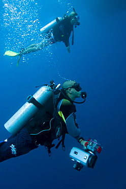 scuba diving, underwater photography, camera man. Cains, Queensland, Australia