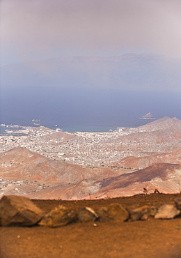 04/04/2009. Cape Verde, Cabo Verde, São Vicente, Mindelo,  Monte VerdeSao Pedro, View from Monte Verde towards Praia Grande. Mindelo, Mt Verde, Sao Vicente Island. Cape Verde Islands