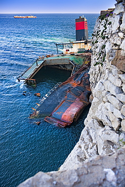 Shipwreck of the Freda, ship wreckage, crashed ship. City Of Gibraltar, Europa Point, Gibraltar Strait . UK