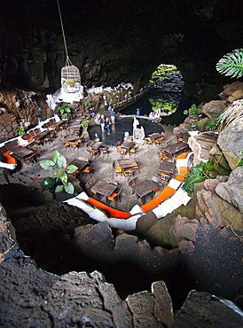 Spain, Lanzarote, Canary Islands, Jameos del Agua , volcanic cave, Cesar Manrique Site of interest, bar, restaurant, caffe. Arrecife, Jameos Del Agua, Lanzarote. Canary Islands