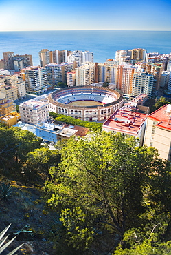 Spain, España, Andalusia, Andalucía, Málaga. View from Gibralfaro Castle looking at city centre and coloseum. Malag, Gibralfaro Castle, Gibraltar Strait . Spain