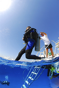 Cayman Islands Technical Diver entering water with assistance, Divetech, Grand Cayman Island, Cayman Islands, Caribbean