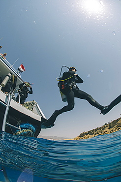 Scuba diver making giant stride entry into the water, Red Sea, Egypt, North Africa, Africa