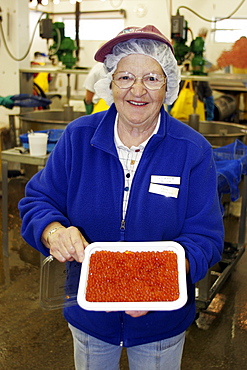 The Norquest fish processing plant in Petersburg, Southeast Alaska, USA. Shown here is family owner Patty Norheim with processed fresh and wild salmon roe for the asian fish market.