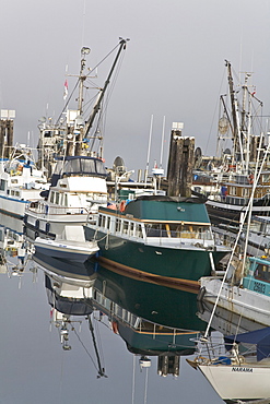 Scenes from the harbor on a foggy day in Alert Bay on Cormorant Island, British Columbia, Canada. No model or property releases.