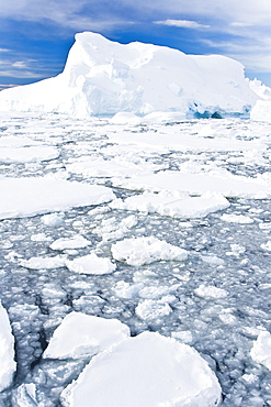 Iceberg detail in and around the Antarctic Peninsula during the summer months. More icebergs are being created as global warming is causing the breakup of major ice shelves and glaciers.