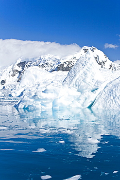 Iceberg detail in and around the Antarctic Peninsula during the summer months. More icebergs are being created as global warming is causing the breakup of major ice shelves and glaciers.