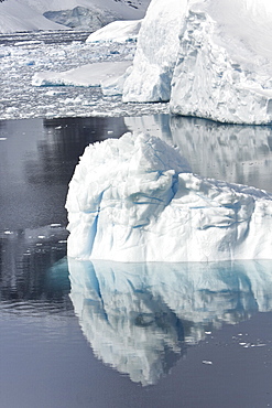 Icebergs and brash ice reflected in calm waters on the west side of the Antarctic peninsula, Antarctica.