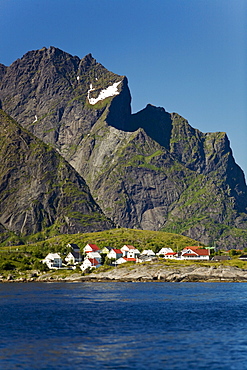 Late evening light on the picturesque Norwegian fishing town of Reine in the Lofoton Island Group, Norway.