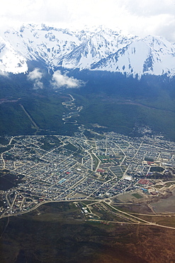 An aerial views of the town of Ushuaia, Argentina on the island of Tierra del Fuego. This city bills itself as the southernmost city in the world.