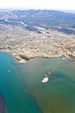 Aerial view of the capital city La Paz, Baja California Sur, Mexico taken from a commercial Aero Mexico flight.