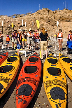 Lindblad Expedition guests receiving kayaking lessons on the beach on Isla Angel de la Guarda in the upper Gulf of California (Sea of Cortez), Baja California Norte, Mexico