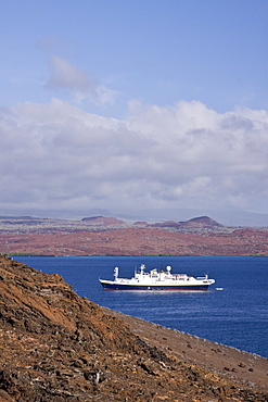 The Lindblad Expedition ship National Geographic Endeavour and its Zodiac fleet operating in the Galapagos Islands, Ecuador, Pacific Ocean.