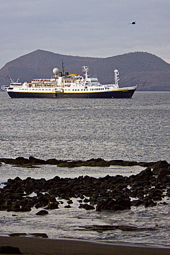 The Lindblad Expedition ship National Geographic Endeavour and its Zodiac fleet operating in the Galapagos Islands, Ecuador, Pacific Ocean.