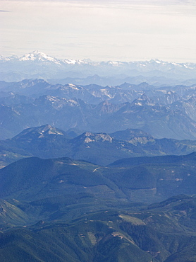 Views of the approach to Seattle, Washington area from a commercial airline, USA. Pacific Ocean.