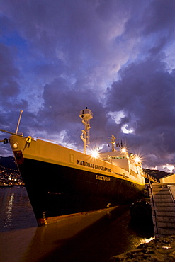 The National Geographic Endeavour in pre-dawn light in the harbor at Funchal, Madeira, Portugal