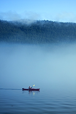 Kayaking from the Lindblad Expedition ship National Geographic Sea Lion in the fog in Tracy Arm in Southeast Alaska, USA. Pacific Ocean. No model or property release available for this photograph.