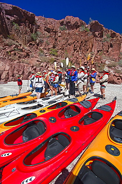 Lindblad Expedition guests preparing to kayak at Isla Espiritu Santo in the lower Gulf of California (Sea of Cortez), Baja California Sur, Mexico