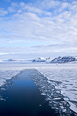 A view of Krossfjorden (cross fjord) on the northwestern side of Spitsbergen Island in the Svalbard Archipelago, Norway.