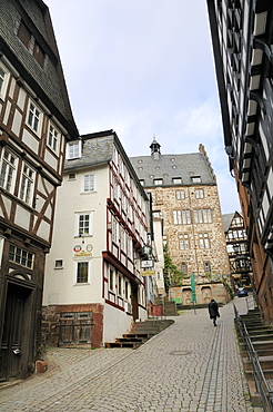 Steep narrow street in medieval city of Marburg, Hesse, Germany, Europe