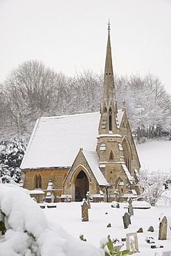 Box cemetery chapel after heavy snow, Box, Wiltshire, England, United Kingdom, Europe