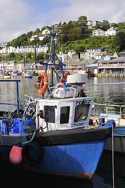 Fishing boats moored in Looe harbour, Cornwall, England, United Kingdom, Europe