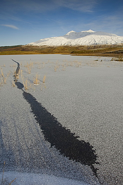 A frozen Loch Tromlee with snow capped Ben Cruachan in background. Loch Tromlee and Ben Cruachan, Argyll, Scotland